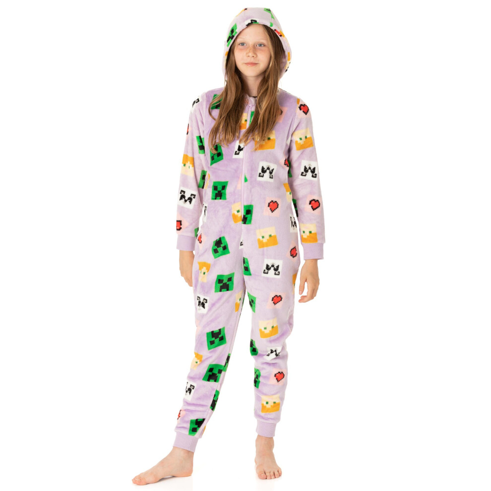 (Purple, 11-12 Years) Minecraft Girls Onesie Kids Creeper Steve Purple Game All In One Pjs
