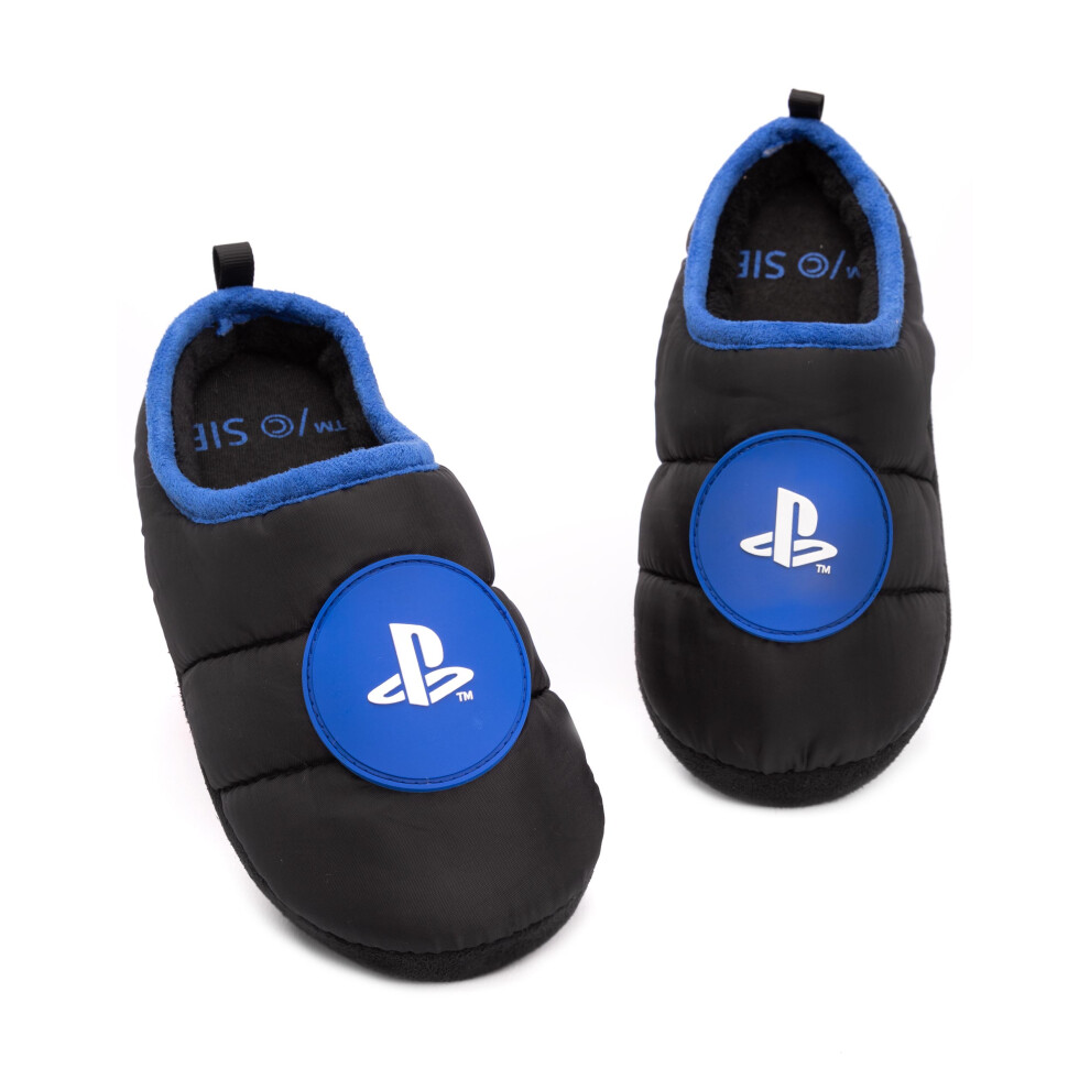 (UK Child 13) PlayStation Slippers Boys Kids Teens Game Logo Black Shoes