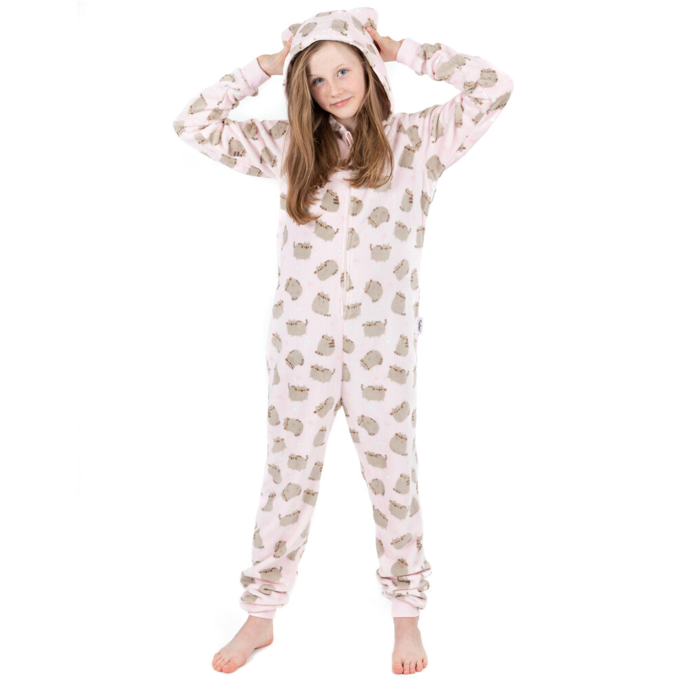 (Pink, 11-12 Years) Pusheen Onesie Girls Kids Pink OR Brown Cat Fluffy Fleece Pyjamas