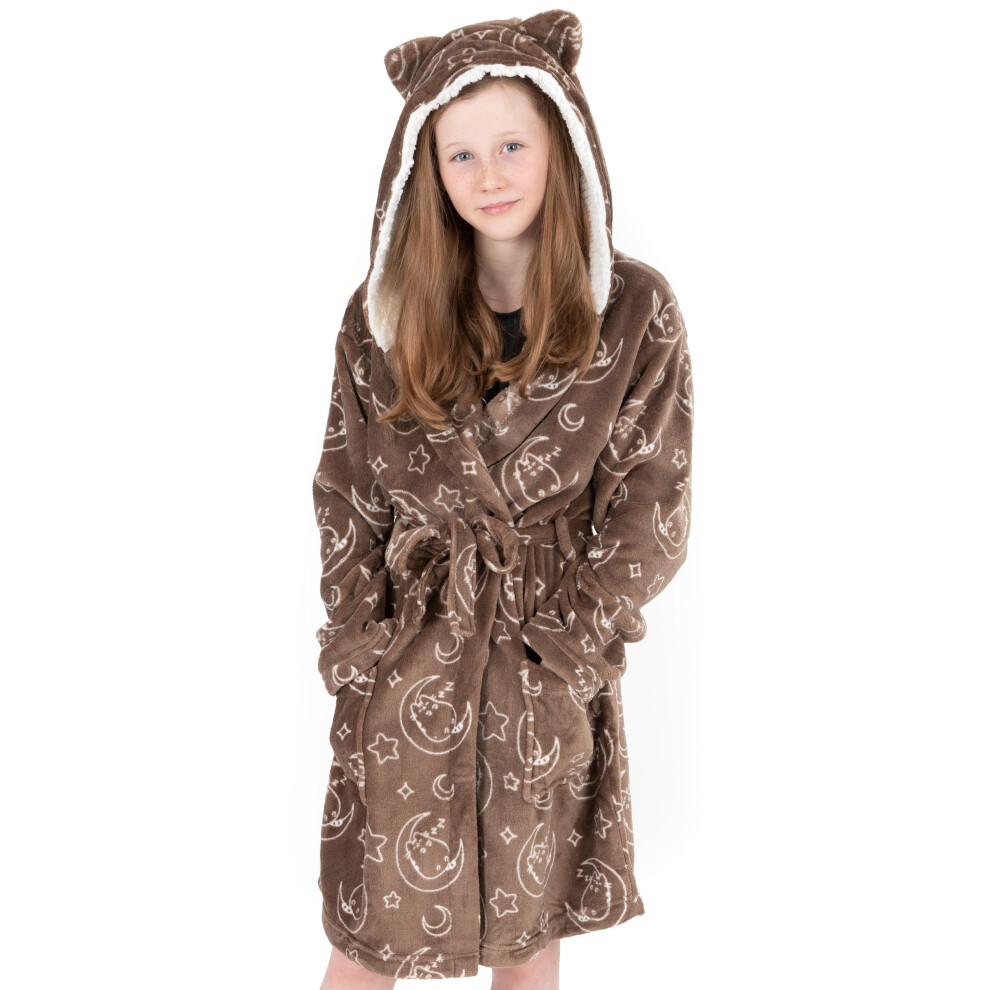 (Brown, 11-12 Years) Pusheen Dressing Gown Girls Kids Pink OR Brown Cat Robe Fluffy Fleece