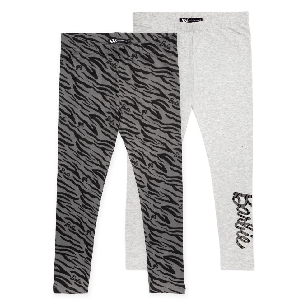 (3-4 Years) Barbie Leggings 2 Pack Girls Kids Animal Print Grey Black Full Length