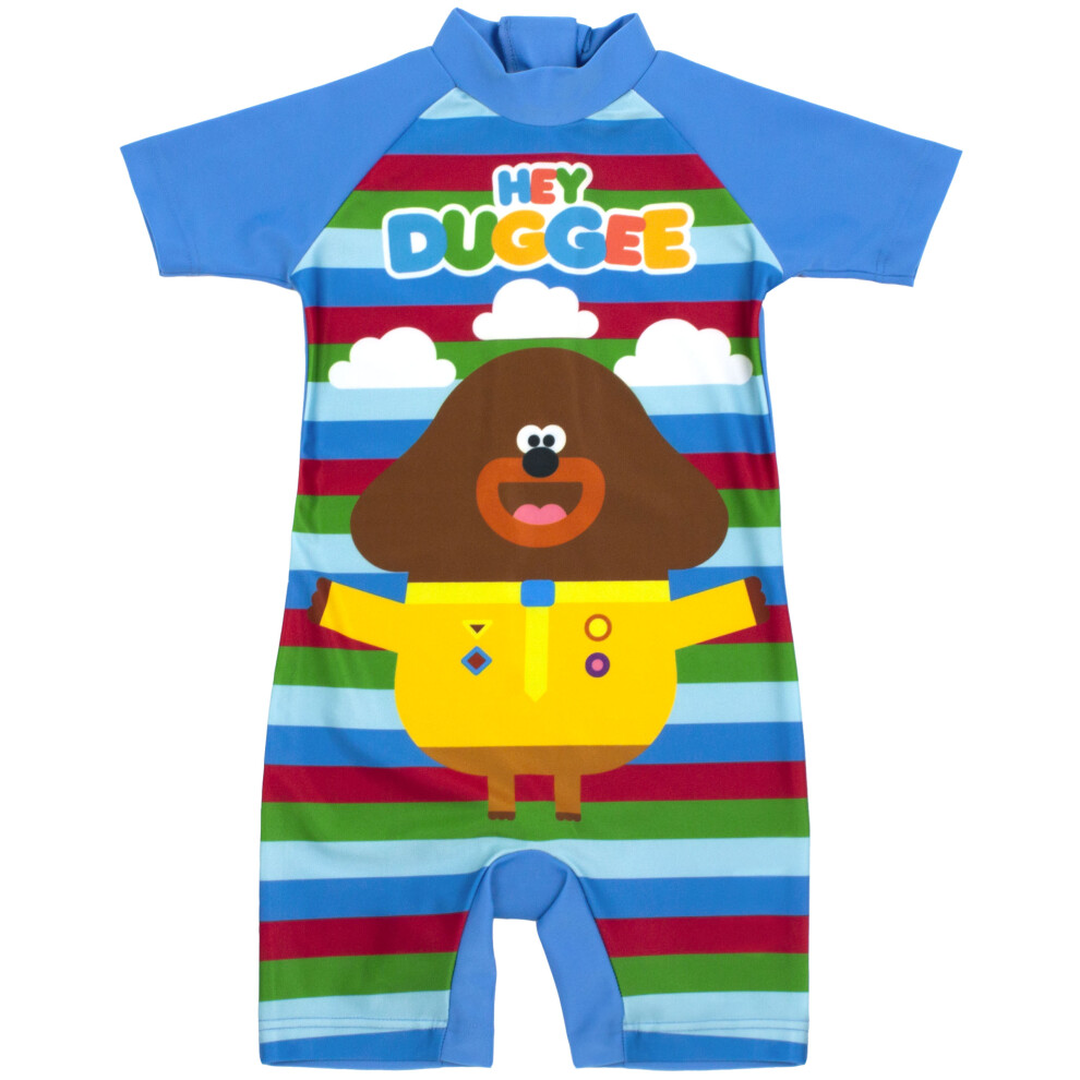 (3-4 Years) Hey Duggee Swimsuit For Boys | Kids Cbeebies Sun Safe Swimming Costume | Blue Striped All In One Bathing suit for Swimming Lessons, Beach & Pool Days
