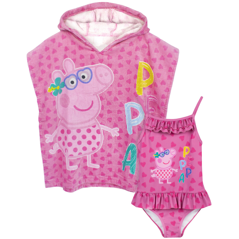 (2-3 Years) Peppa Pig Girls Swimsuit & One Size Hooded Towel Poncho | Kids Pink Character Towelling Robe | Peppa Pig TV Show Gift For Children