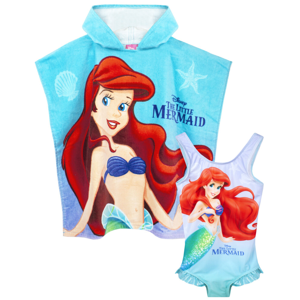 (5-6 Years) Disney Girls Swimsuit The Little Mermaid & Hooded Towel Poncho | Kids Ariel, Sebastian & Flounder Towelling Robe | Childrens Swimming Costume