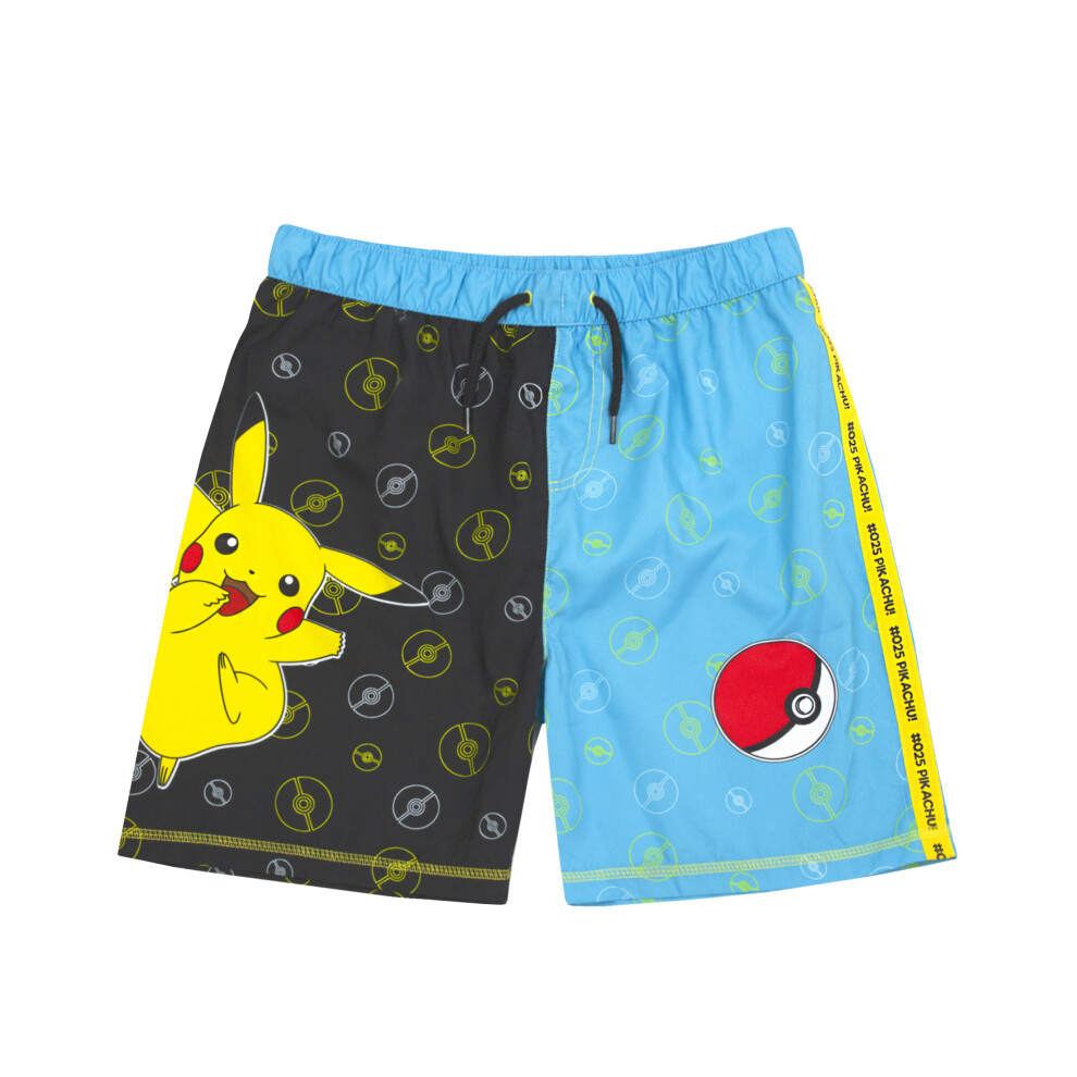 (7-8 Years) Pokemon Swim Shorts For Boys | Black & Blue Pikachu Swimwear Kids & Teens | Gamer Swimming Pants Trunks With Drawstring Waistband