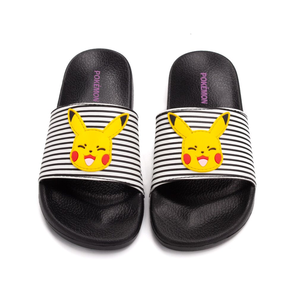 (UK Child 10) Pokemon Sliders For Girls | Kids Pikachu Face Sandals Beach Shower Shoes | Childrens Striped Black White Flip Flops Summer Footwear Game