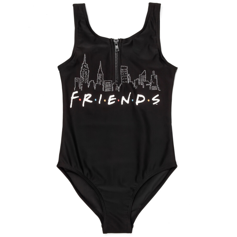 (12-13 Years) Friends Swimsuit For Girls | Kids F.R.I.E.N.D.S Black Swimming Costume | Logo Children's Swimwear Suit with Zip | All In One Swimwear TV Show Gift