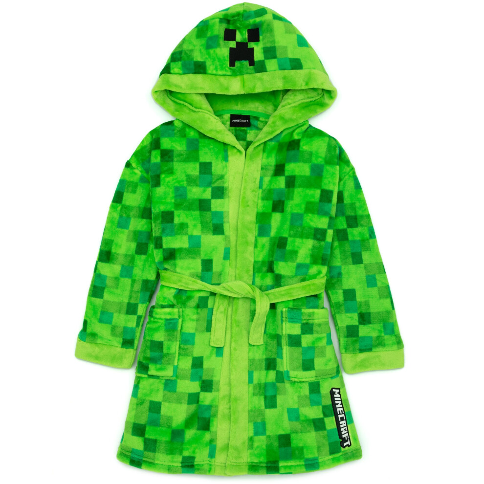 Minecraft Boys Green (13-14 Years) Creeper Dressing Gown For & Girls | Kids Soft Bathrobe With Creeper Face Hood | Teens & Children's Nightwear Robe | Size 13