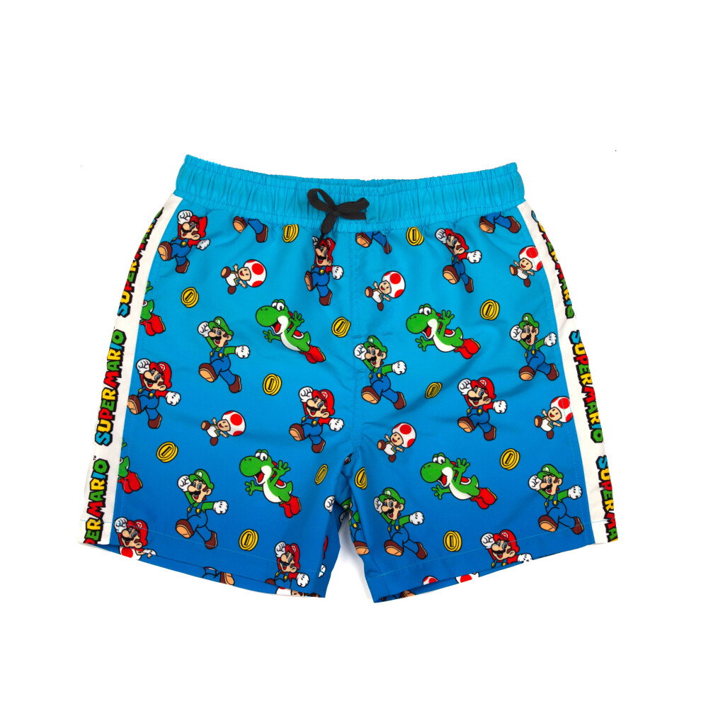 (5-6 Years) Super Mario Swim Shorts For Boys | Kids Mario Luigi Swimming Trunks Pants | Drawstring Waistband Blue Gamer Merchandise Gifts