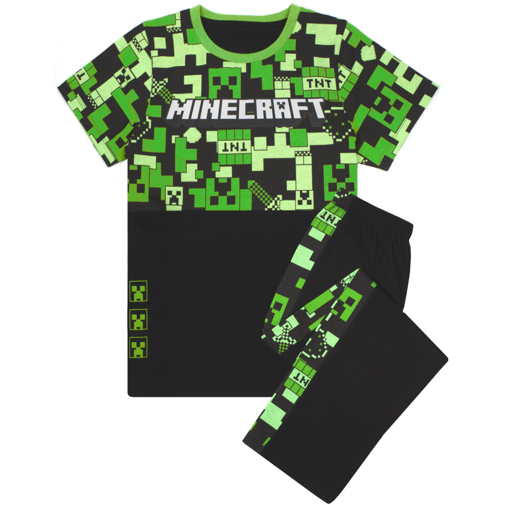 (Long Leg, 11-12 Years) Minecraft Pyjamas For Boys | Kids Long Or Short Bottoms Options & Gamer T-Shirt | Childrens Creeper PJ Set Merchandise Gifts