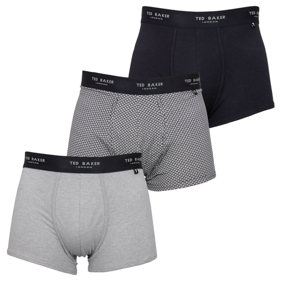 (L, Navy/Heather Grey/Mini Geo Navy) Ted Baker Mens Three Pack Cotton Trunk Breathable Boxer Briefs