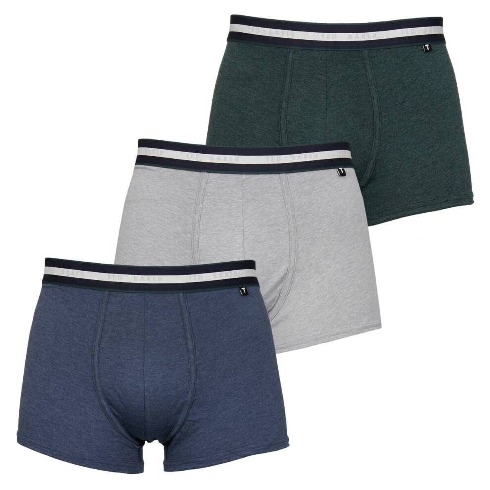 (M, Dark Denim/Grey Heather/Scarab) Ted Baker Mens Three Pack Cotton Trunk Breathable Boxer Briefs