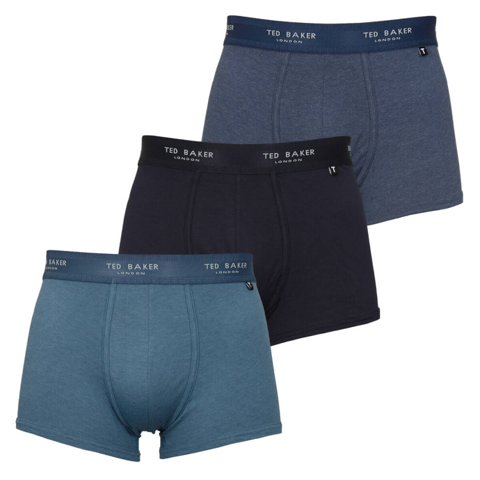 (M, Navy/Dark Denim/Real Teal) Ted Baker Mens Three Pack Cotton Trunk Breathable Boxer Briefs