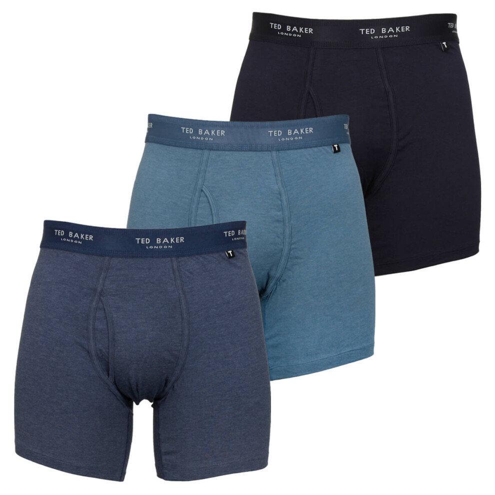 (M, Navy/Dark Denim/Real Teal) Ted Baker Mens Three Pack Cotton Stretch Breathable Boxer Briefs