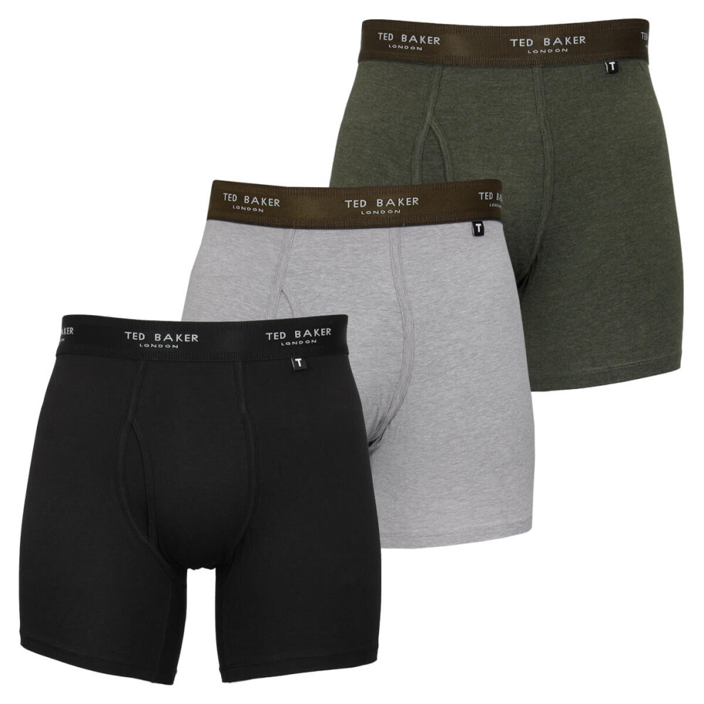 (M, Black/Grey Heather/Park) Ted Baker Mens Three Pack Cotton Stretch Breathable Boxer Briefs
