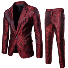 (M) Yynuda Mens 2-piece Party Dress Glossy Dark Textured Print One Button Notched Lapel Suit (blazer Trousers)