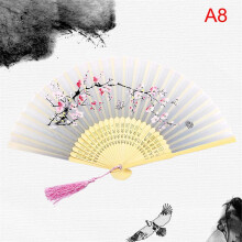 (A8) Chinese Silk Folding Fan Wooden Shank Classical Dance Fan Home Decoration