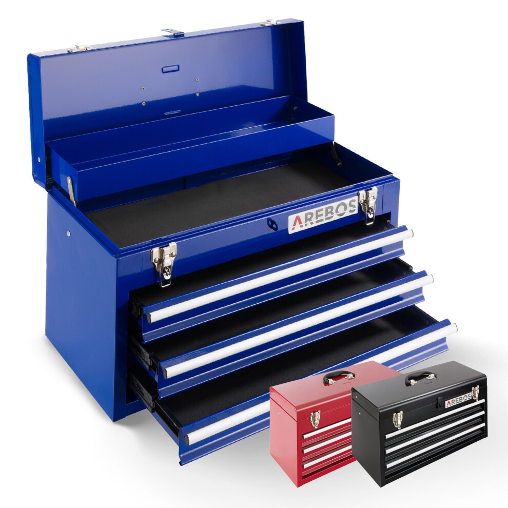 AREBOS Tool Chest with 3 drawers & 2 storage compartments | carrying handle & Lockable| Metal Tool Storage Box | Tool Organizer | Blue