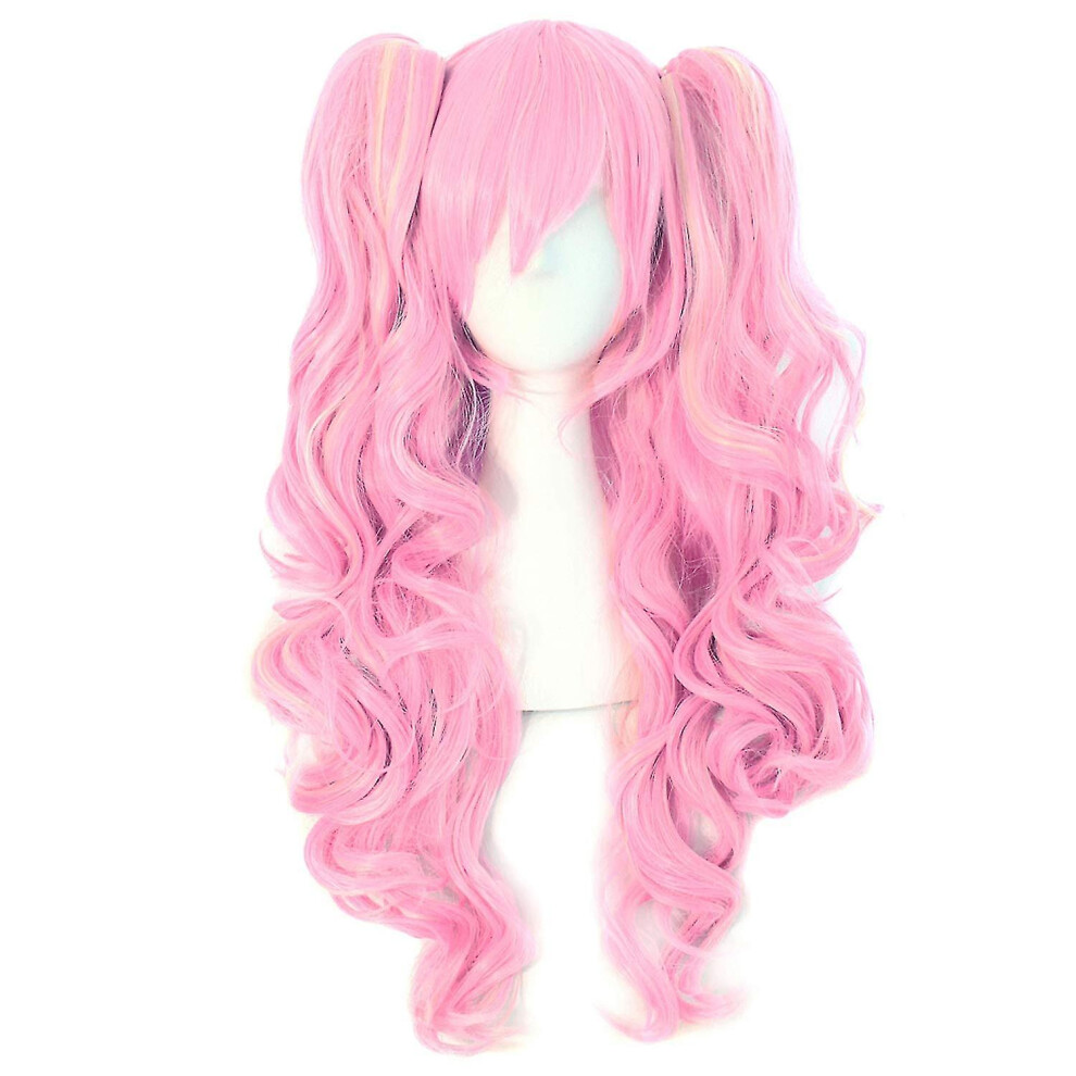 Unisex Gold Multicolor Lolita Long Curls Ponytail Cosplay Wig,Pink Z