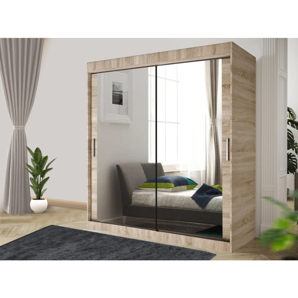 (120, Oak) LushBird Modern Sliding Wardrobe for bedroom| Space-Saving Bedroom Closet ,Multiple Sizes with Shelves & Hanging Rails  2 or 3 Sliding Doors