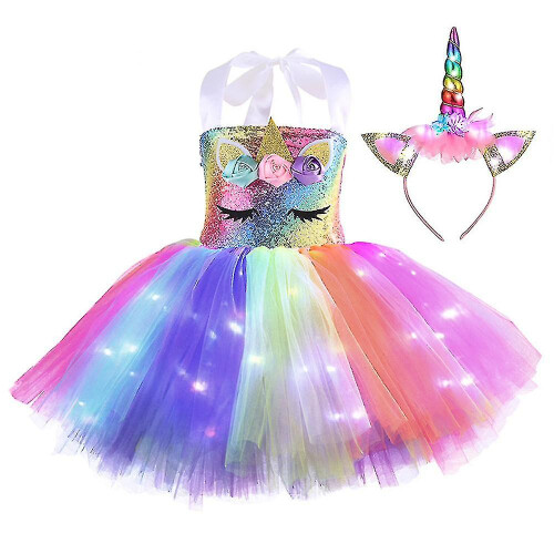 (B, 2-4 Years) Kids Girls Unicorn Costume Led Light Up Tutu Dress ...
