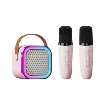 (Pink 1 to 2) K12 Dual Microphone Karaoke Bluetooth Speaker RGB Light Two 5W Speakers