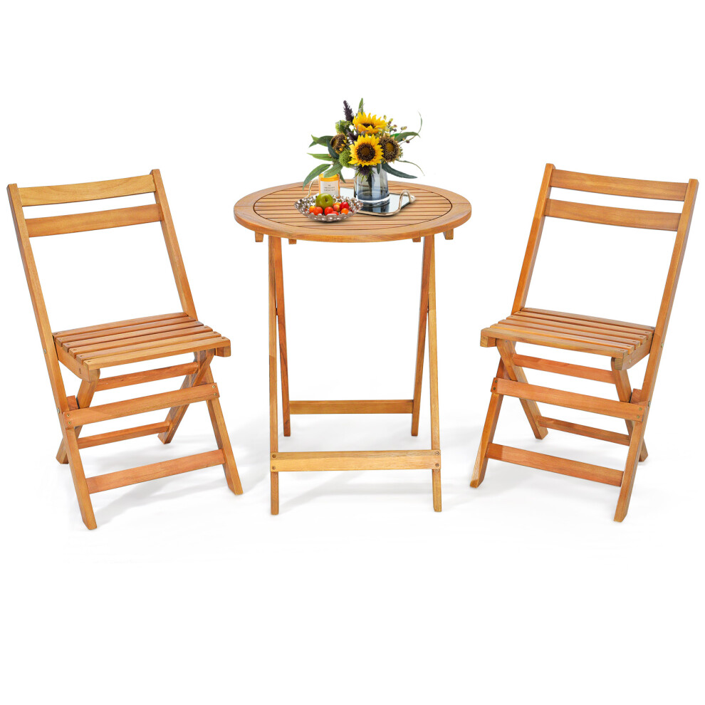 3 Pieces Folding Patio Bistro Set with Slatted Tabletop Back & Seat