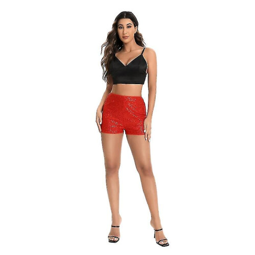 (Red, S) Women's Sequin Shorts Elastic Sparkly Shorts 1