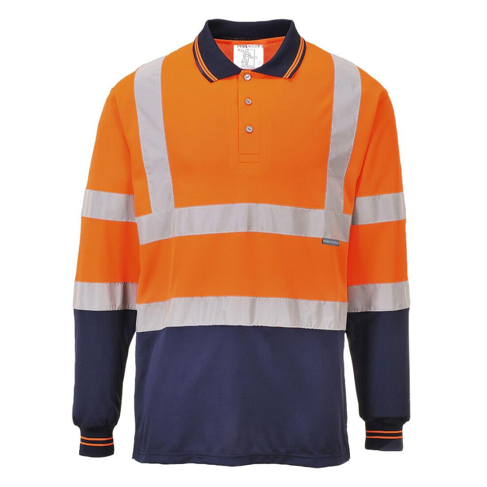 (3XL, Orange/Navy) Portwest Mens Contrast Hi-Vis Long-Sleeved Safety Polo Shirt