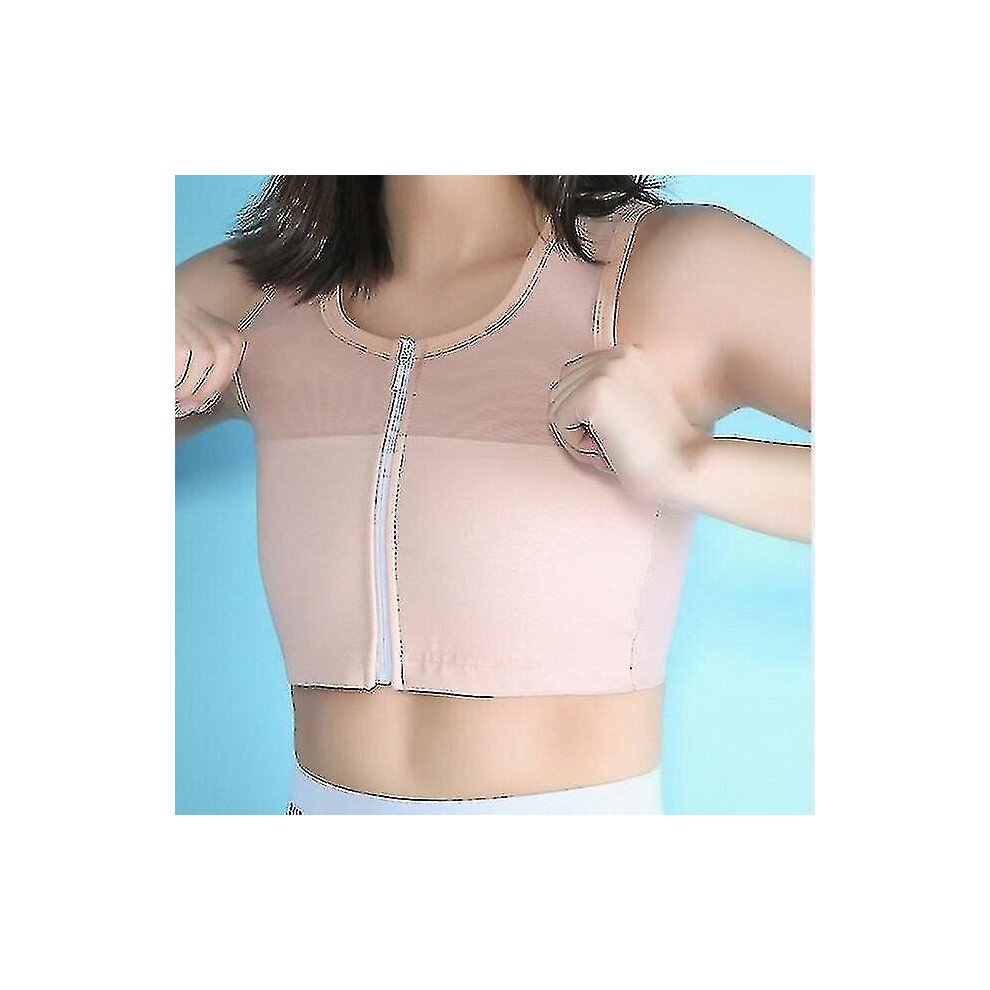 (S, Beige) Women Ice Silk Breathable Chest Binder Tomboy Lesbian Transgender Corset Tops Vest Front Zipper Short Bandage Breast Binder