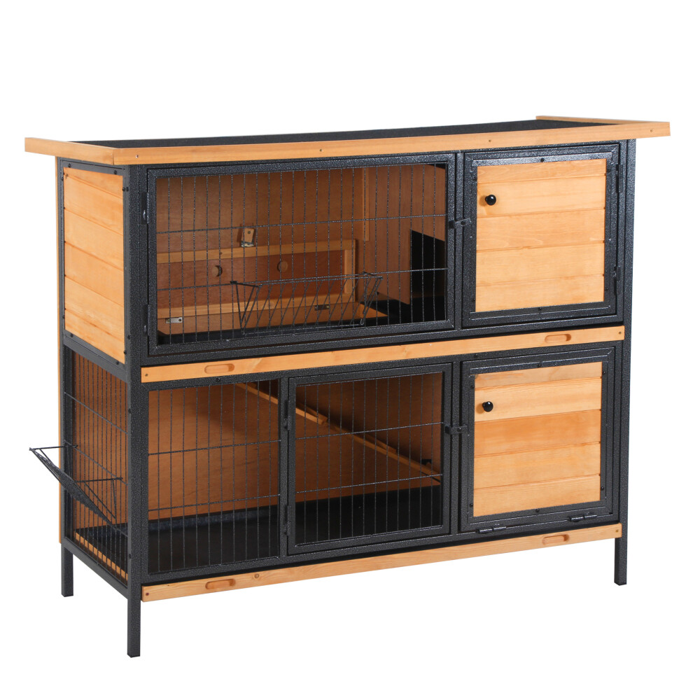 PawHut 2-Story Wooden Metal Rabbit Hutch Bunny Cage w/ Ramp Feeding Trough