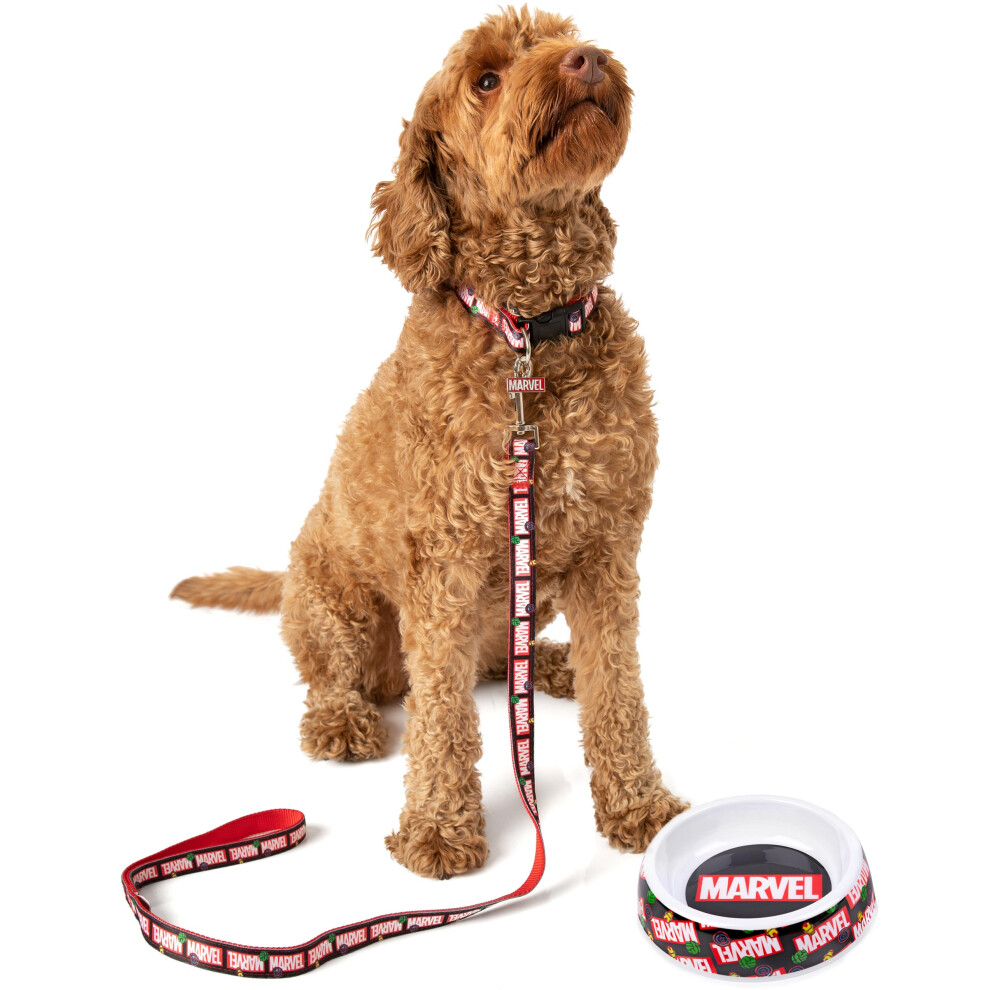 (Medium) Marvel Bowl , Collar , Charm and Lead Gift Set (Unisex Black)