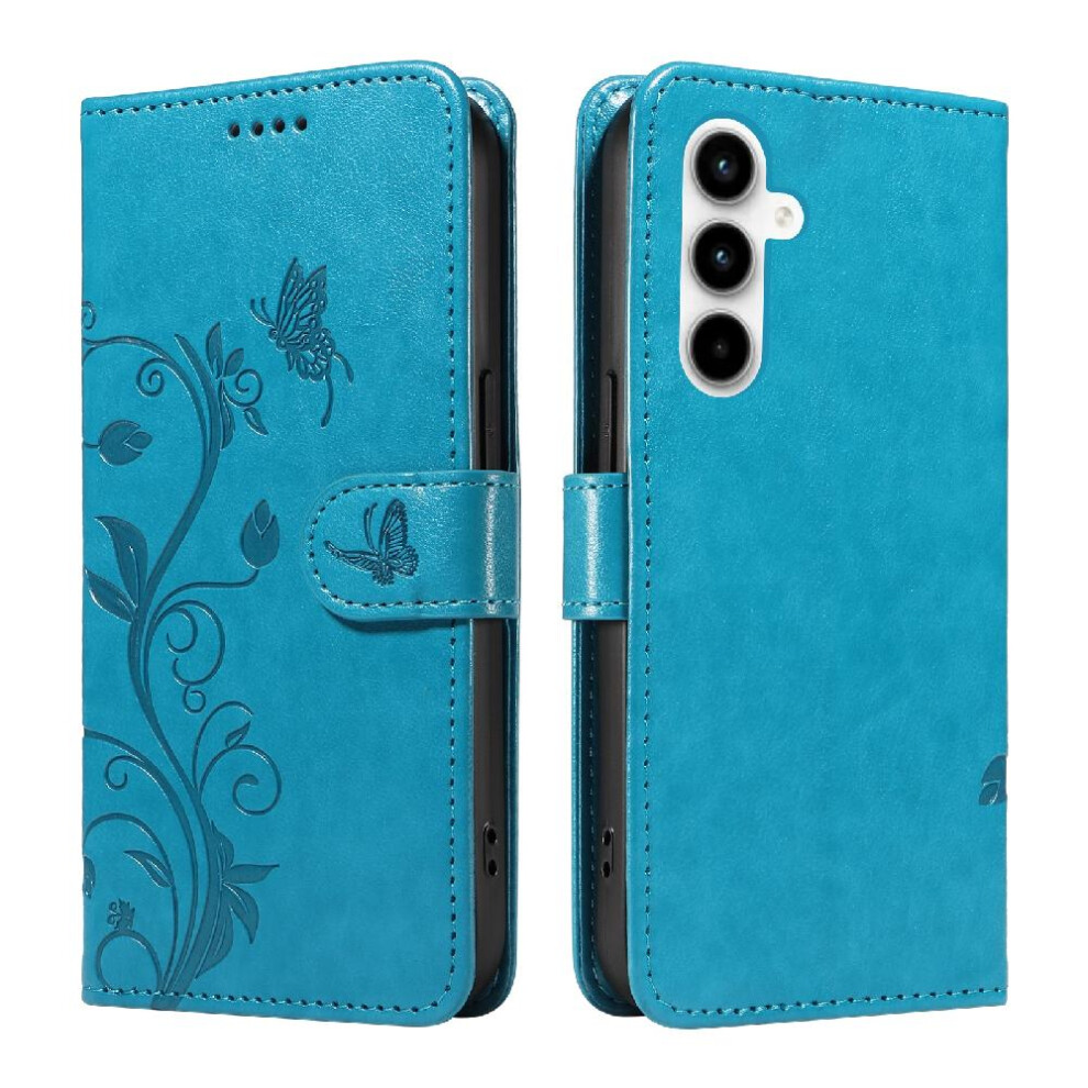 (Blue) Case For Samsung Galaxy A35 5G Wallet Phone Case Embossed Butterfly With Hand Strap And Card Slot High Quality Leather