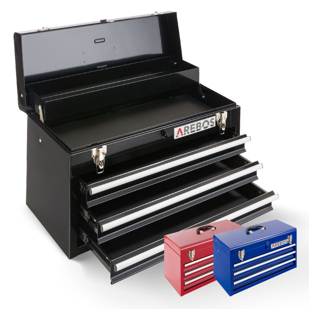 AREBOS Tool Chest with 3 drawers & 2 storage compartments | carrying handle & Lockable| Metal Tool Storage Box | Tool Organizer| Black