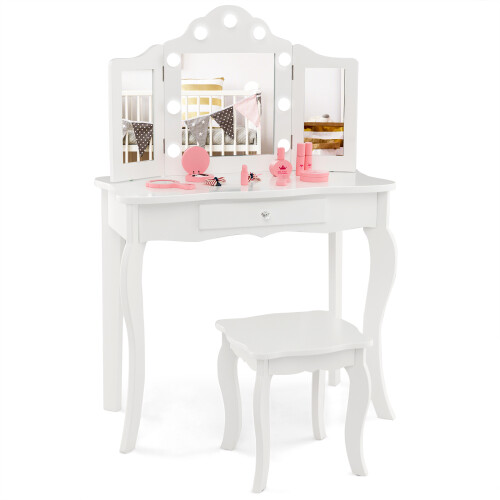 Casart Kids Vanity Table & Stool Set 2-in-1 w/ Glass Tri-Folding Mirror White