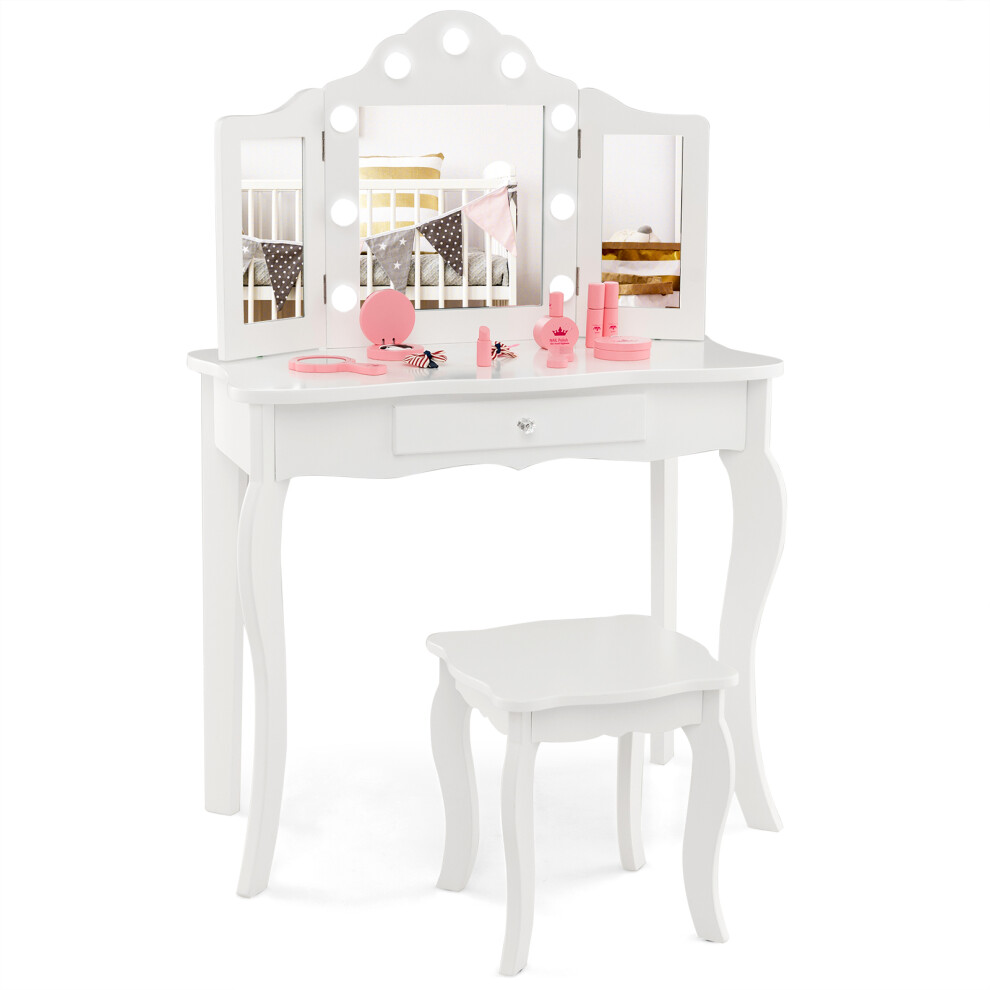 Kids Vanity Table & Stool Set 2-in-1 w/ Glass Tri-Folding Mirror White