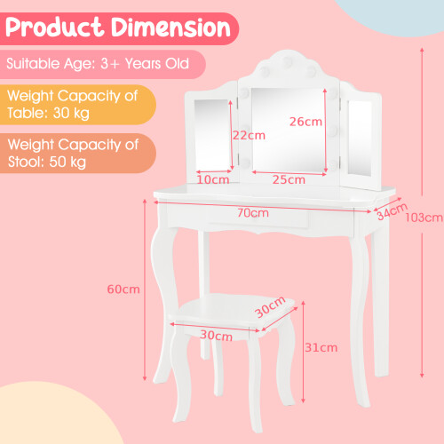 Casart Kids Vanity Table & Stool Set 2-in-1 w/ Glass Tri-Folding Mirror White 1