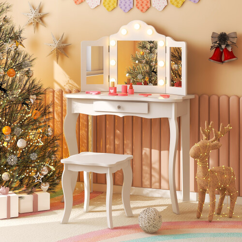 Casart Kids Vanity Table & Stool Set 2-in-1 w/ Glass Tri-Folding Mirror White 2