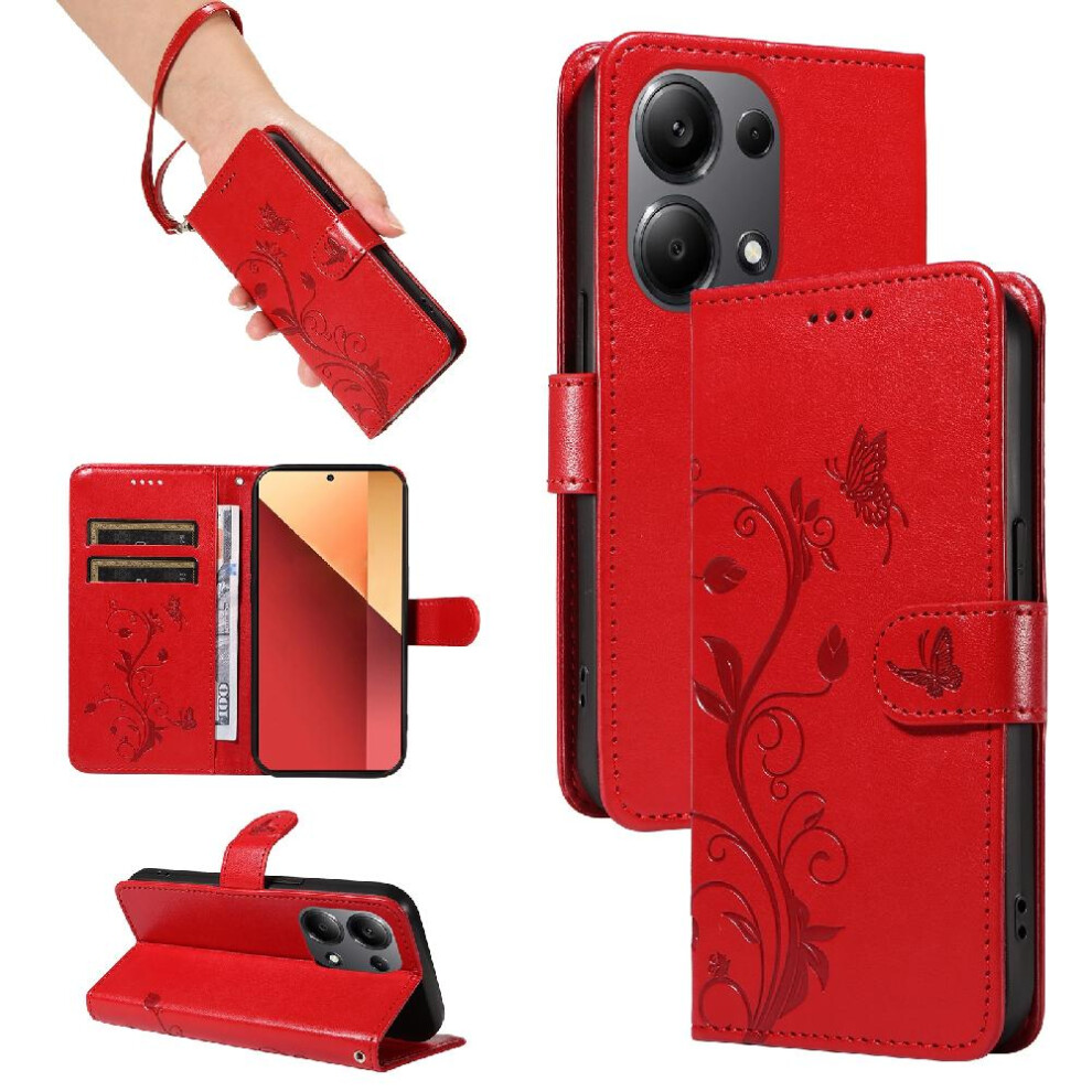 (Red) Case For Xiaomi Mi Note 13 Pro 4G Embossed Butterfly With Hand Strap Wallet Phone Case And Card Slot High Quality Leather Red 764762628307