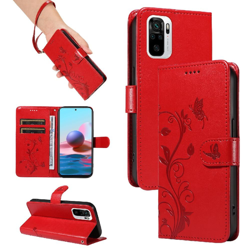 (Red) Case For Xiaomi Mi Note 10 4G/10S With Hand Strap High Quality Leather And Card Slot Embossed Butterfly Wallet Phone Case Red 764762628369