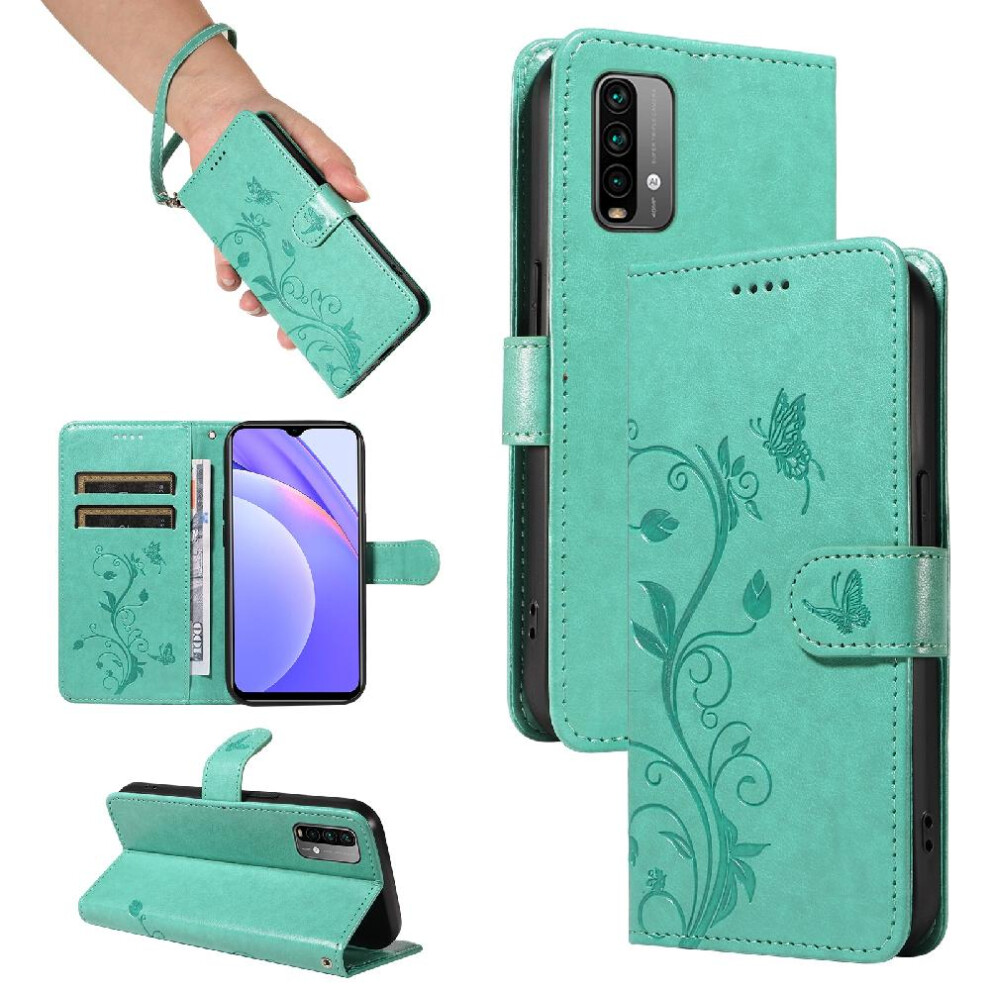 (Green) Case For Xiaomi Redmi Note 9 With Hand Strap Wallet Phone Case High Quality Leather Embossed Butterfly And Card Slot Green 764762628994