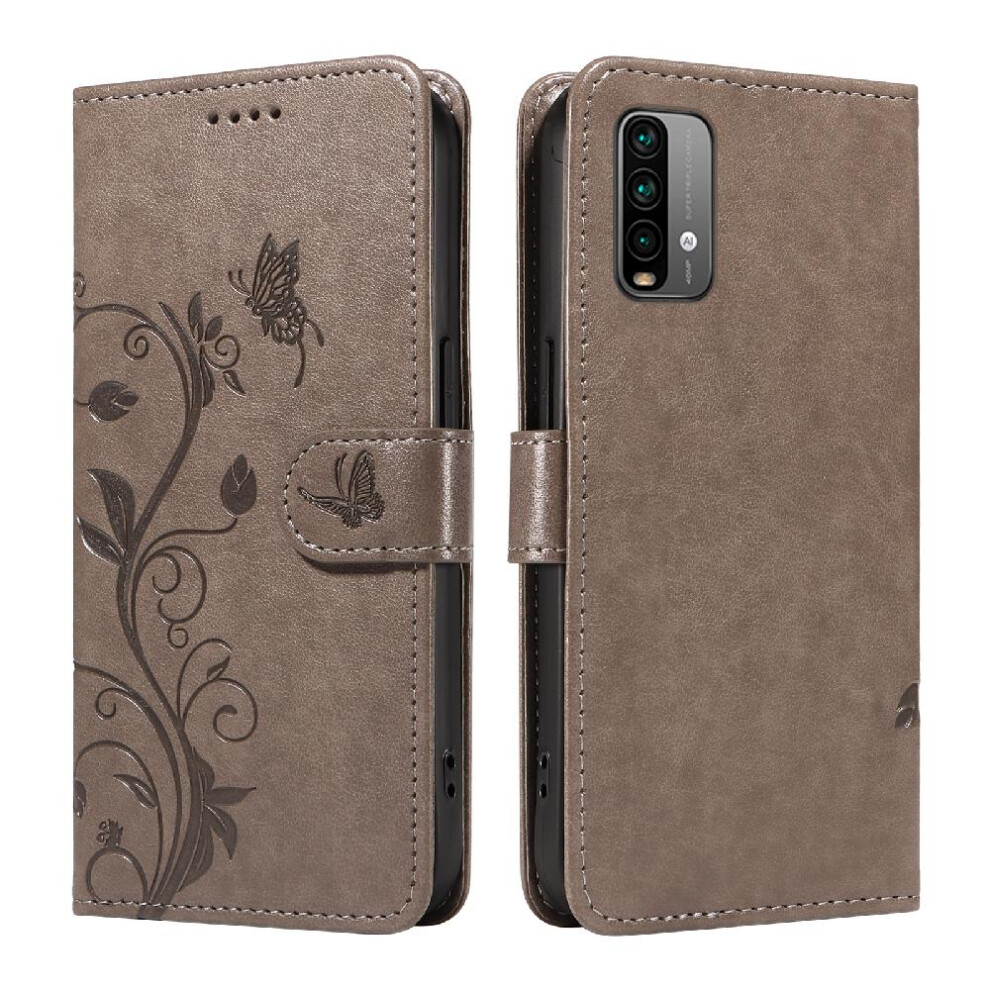 ( ) Case For Xiaomi Redmi Note 9 With Hand Strap Wallet Phone Case High Quality Leather Embossed Butterfly And Card Slot Gray 764762629038