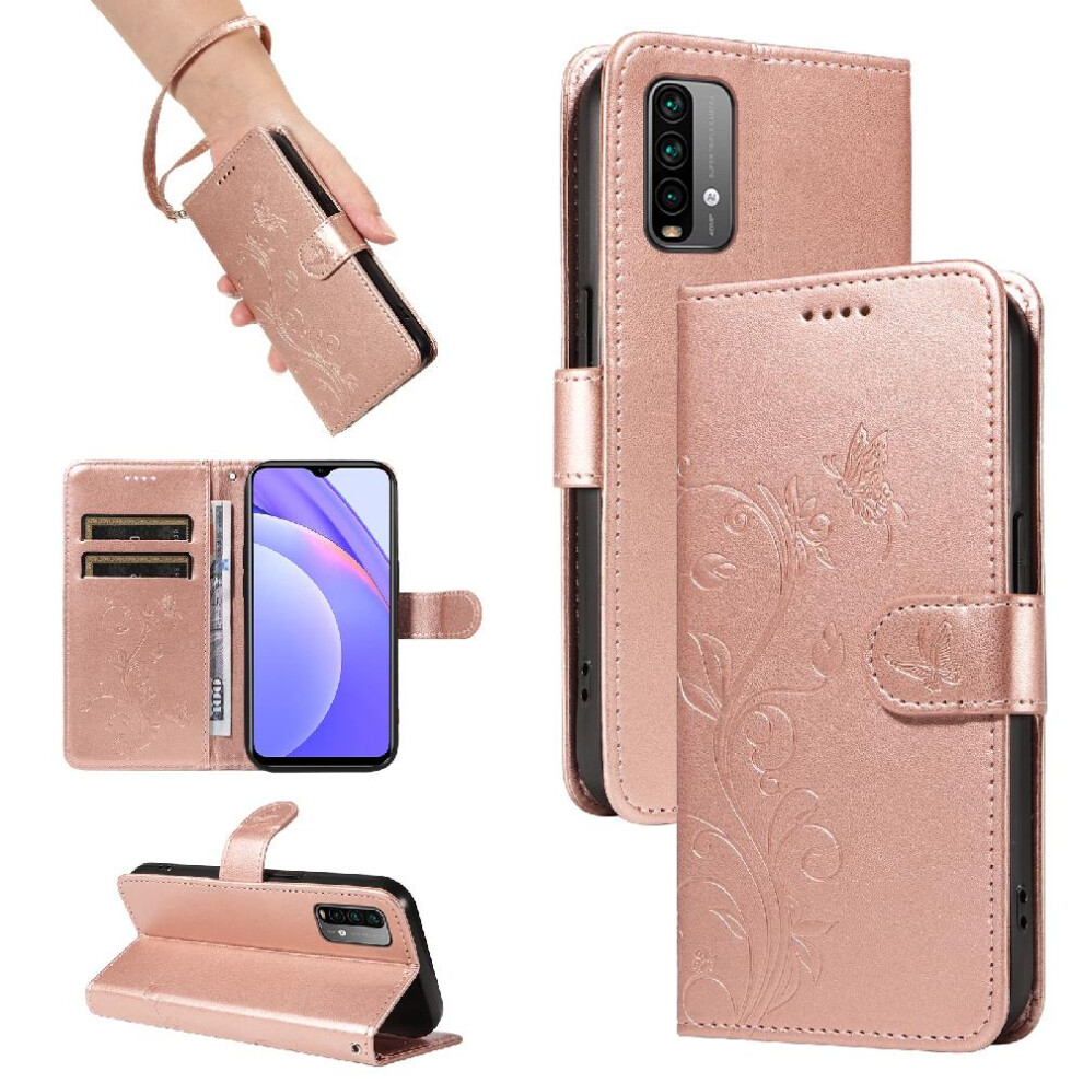 (Pink) Case For Xiaomi Redmi Note 9 With Hand Strap Wallet Phone Case High Quality Leather Embossed Butterfly And Card Slot Pink 764762629045