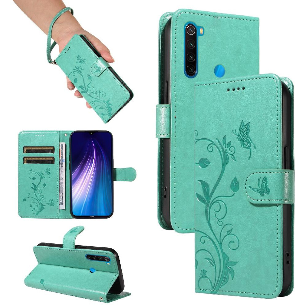 (Green) Case For Xiaomi Redmi Note 8T High Quality Leather Wallet Phone Case And Card Slot With Hand Strap Embossed Butterfly Green 764762629052