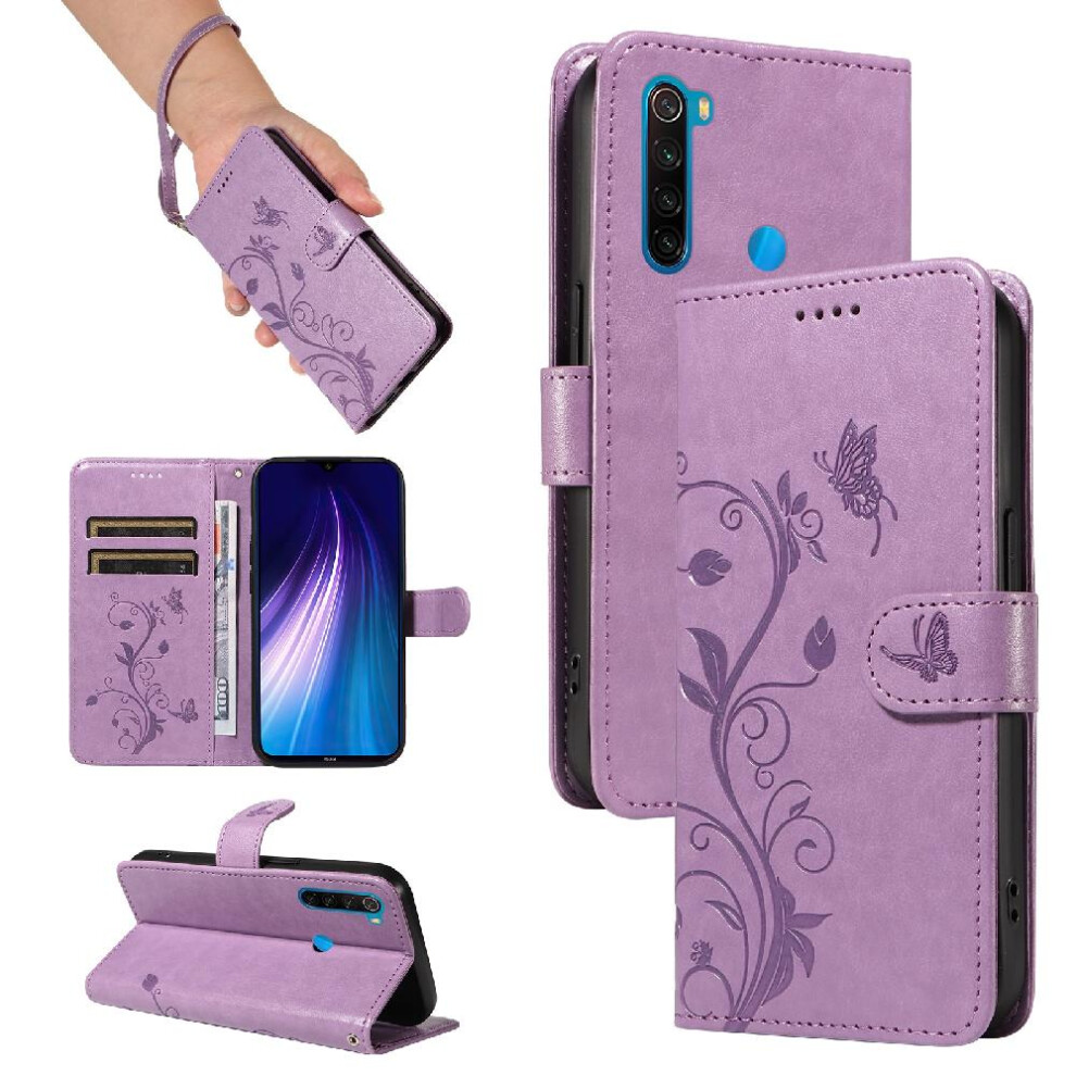 (Purple) Case For Xiaomi Redmi Note 8T High Quality Leather Wallet Phone Case And Card Slot With Hand Strap Embossed Butterfly Purple 764762629076