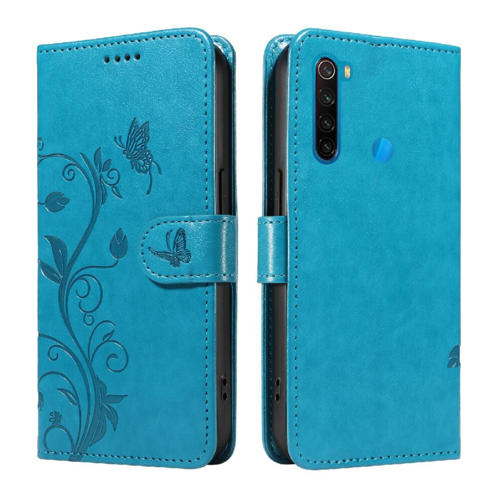 (Blue) Case For Xiaomi Redmi Note 8T High Quality Leather Wallet Phone Case And Card Slot With Hand Strap Embossed Butterfly Blue 764762629069