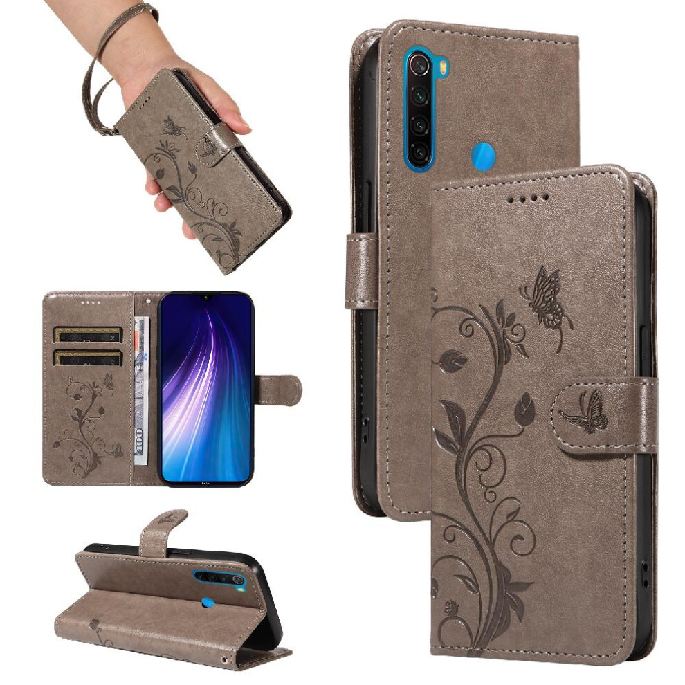 ( ) Case For Xiaomi Redmi Note 8 And Card Slot With Hand Strap Embossed Butterfly Wallet Phone Case High Quality Leather Gray 764762629212