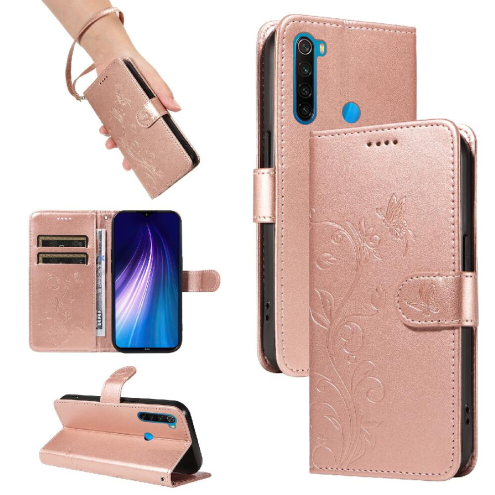 (Pink) Case For Xiaomi Redmi Note 8 And Card Slot With Hand Strap Embossed Butterfly Wallet Phone Case High Quality Leather Pink 764762629229