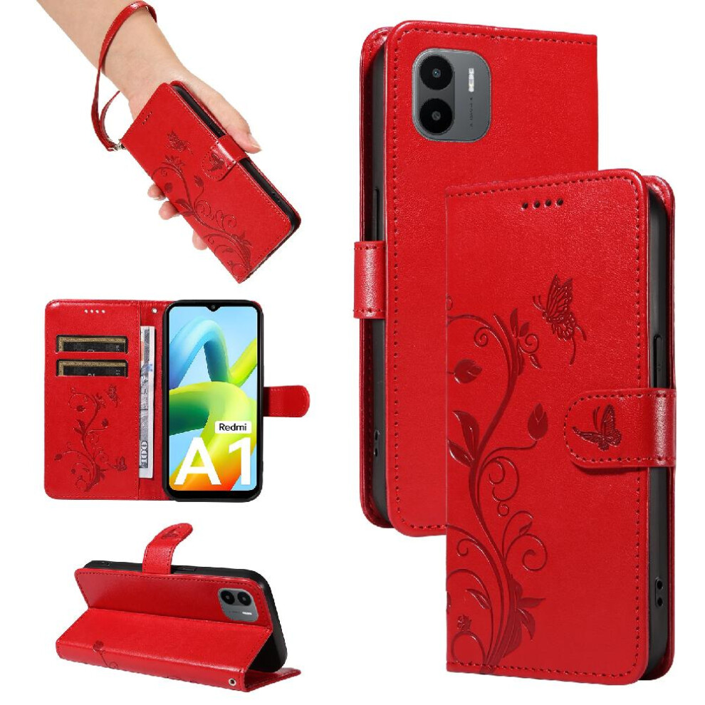 (Red) Case For Xiaomi Mi A1 Embossed Butterfly High Quality Leather With Hand Strap And Card Slot Wallet Phone Case Red 764762629328
