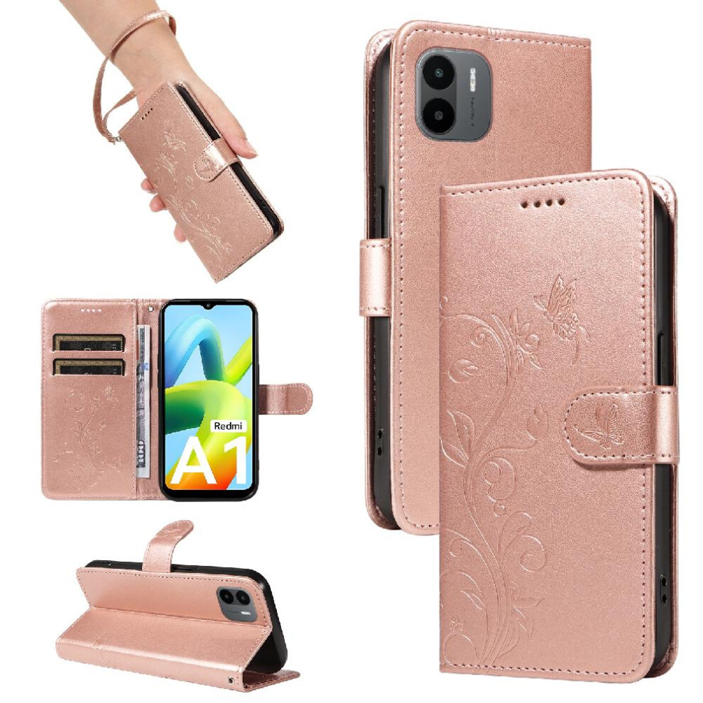 (Pink) Case For Xiaomi Redmi A1 Embossed Butterfly High Quality Leather With Hand Strap And Card Slot Wallet Phone Case Pink 764762629342